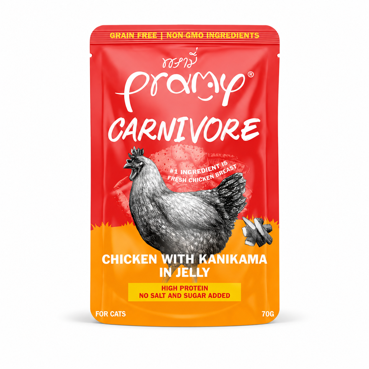 Pramy Carnivore Pouch Chicken with Kanikama in Jelly for All Cats 70gm